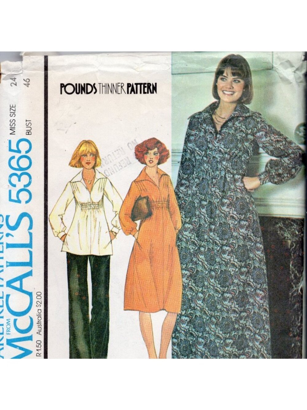 70s McCalls 5365 Dress Top Elastic Waist Pants Sewing Pattern Size 24 Bust 46 FF